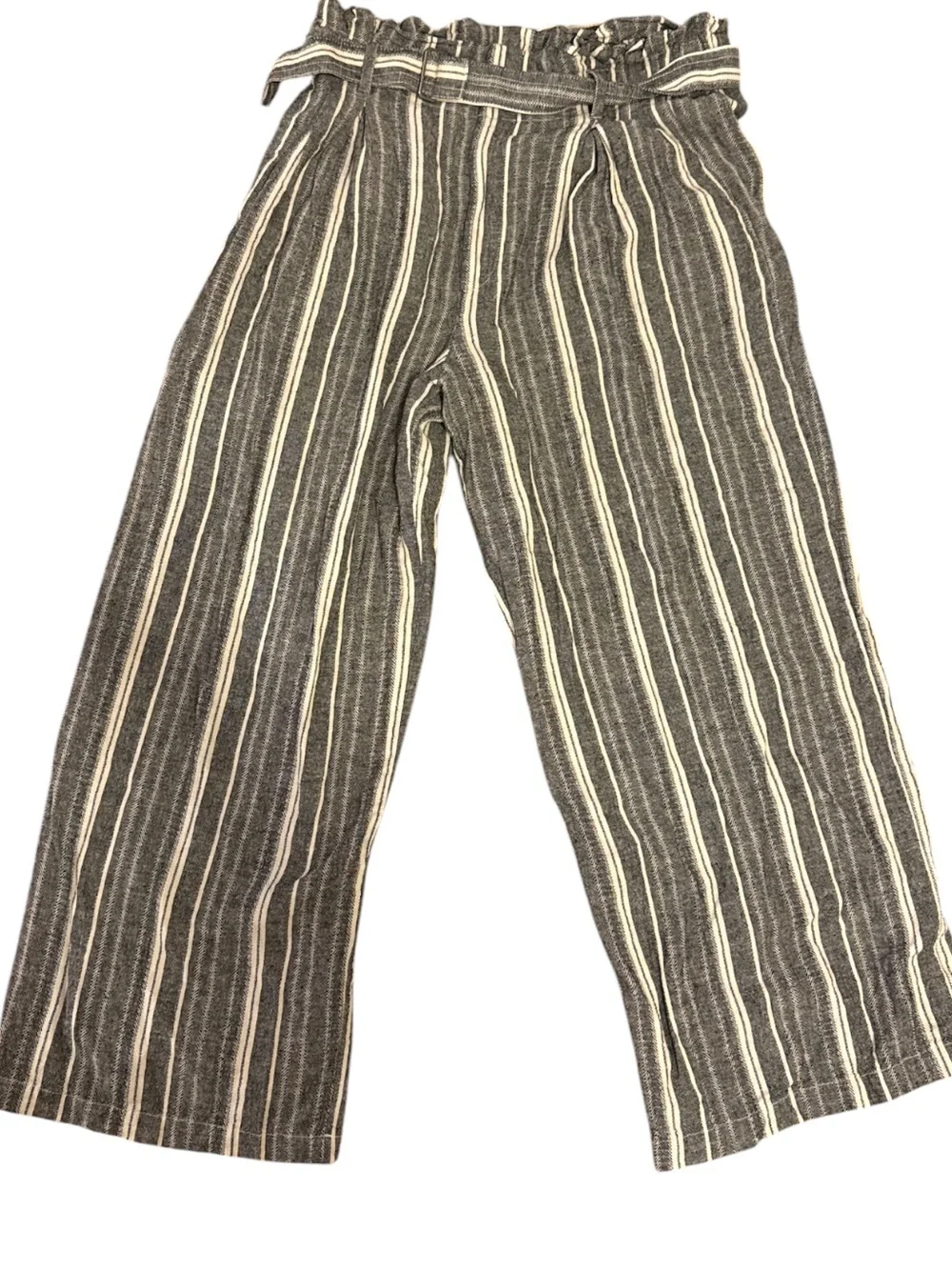 Banana Republic Gray Striped High-Waist Wide-Leg Linen Blend Paperbag Pants